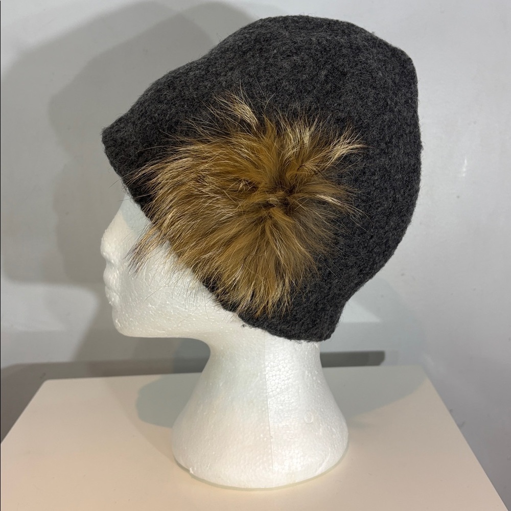 Julie Sinden Gray Wool Beanie with genuine Fur Pom handmade